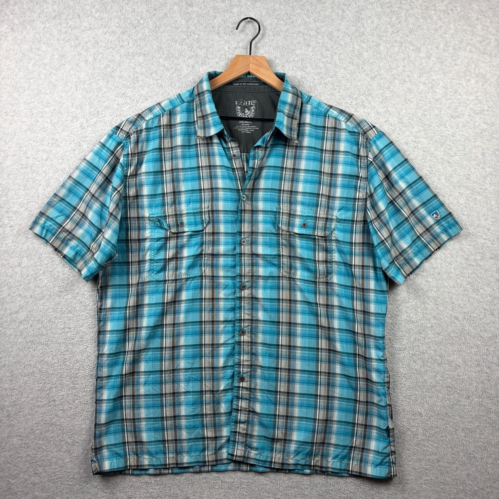 Kuhl Shirt Mens 2XL XXL Blue Teal Plaid Eluxur Button Up Hiking Fishing Outdoor